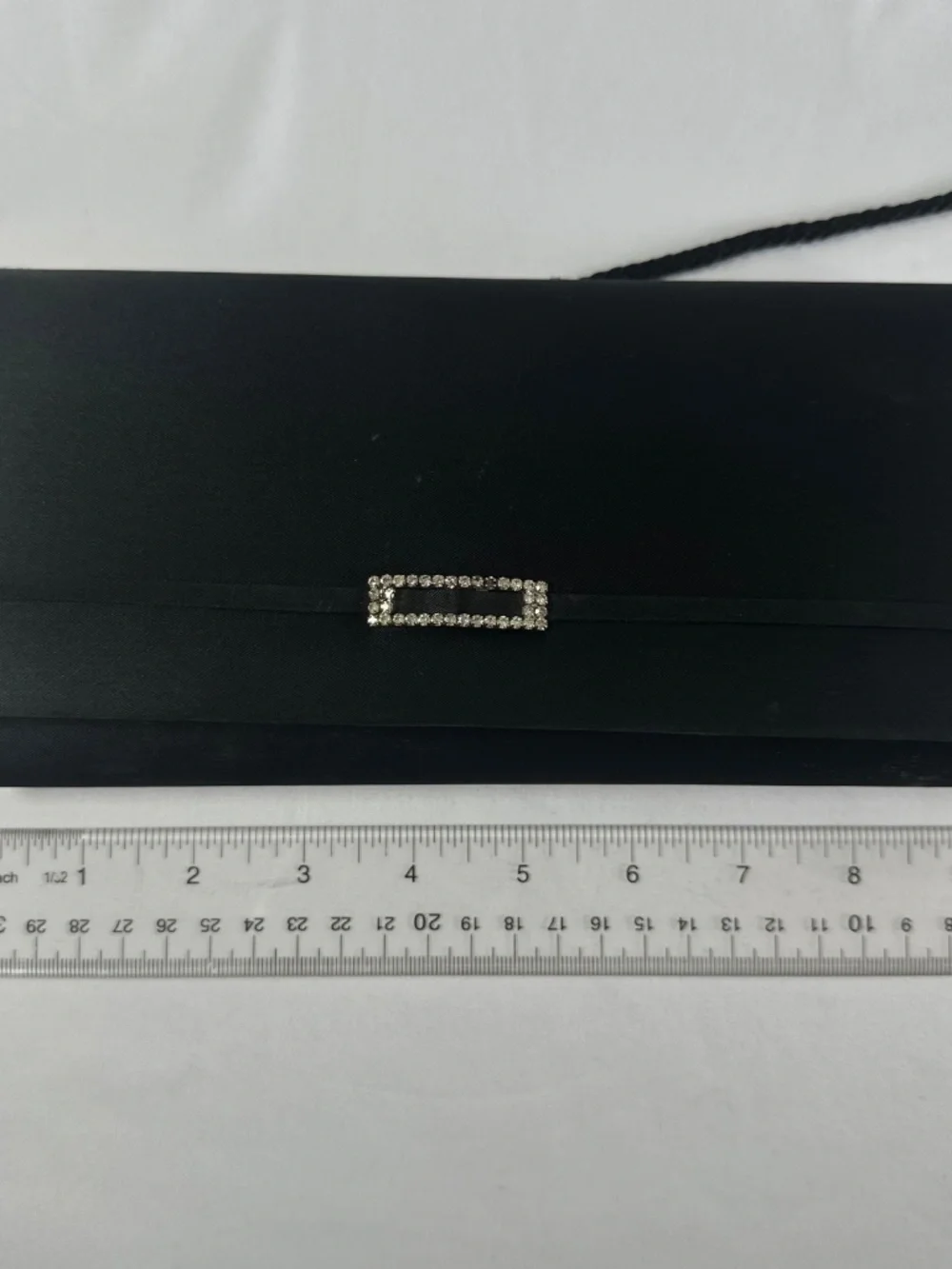 Black Clutch Handbag String Strap Magnetic Snap Rectangle Jeweled Embellishment